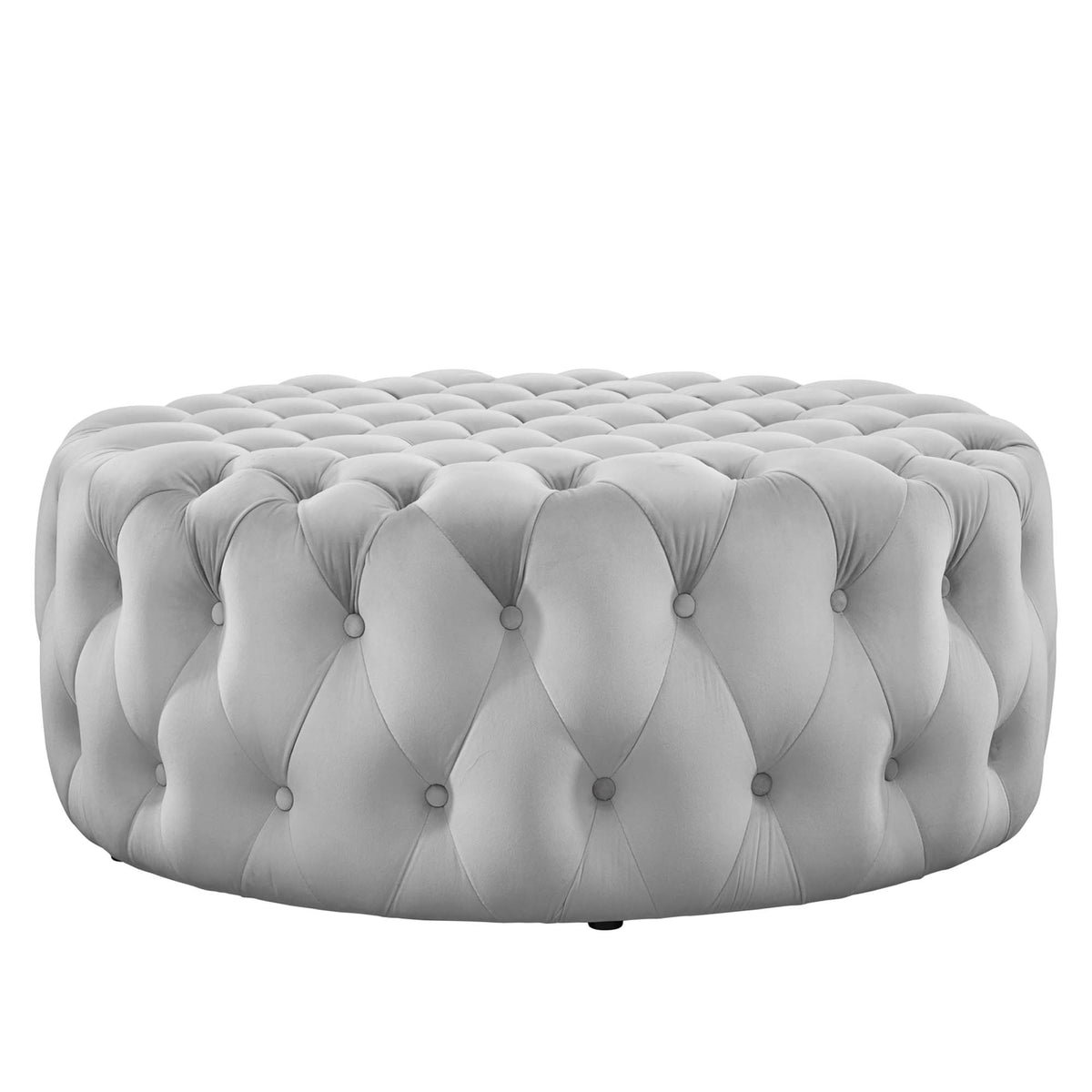Amour Light Gray Tufted Button Large Round Performance Velvet Ottoman - Ornate Home