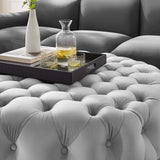 Amour Light Gray Tufted Button Large Round Performance Velvet Ottoman - Ornate Home