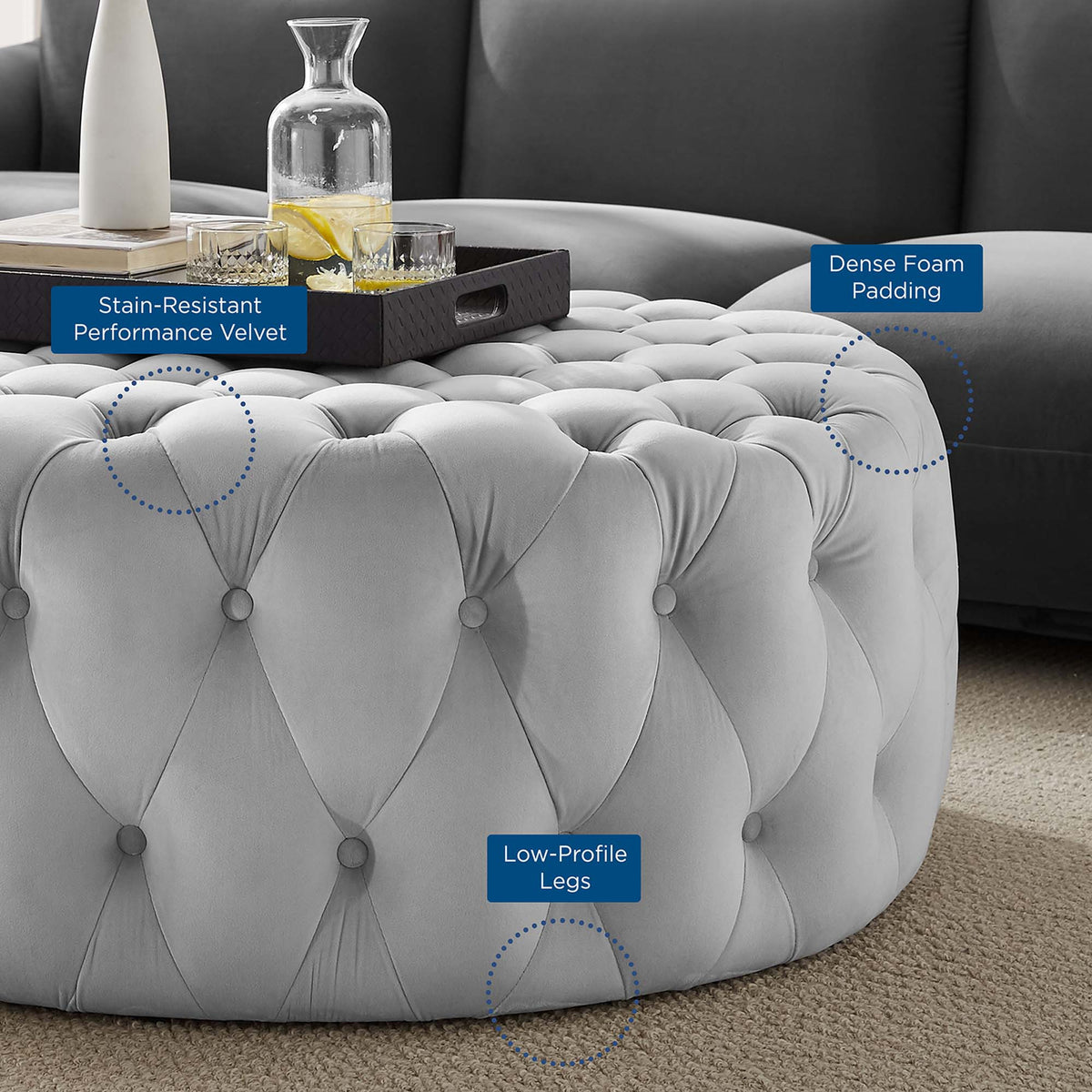 Amour Light Gray Tufted Button Large Round Performance Velvet Ottoman - Ornate Home