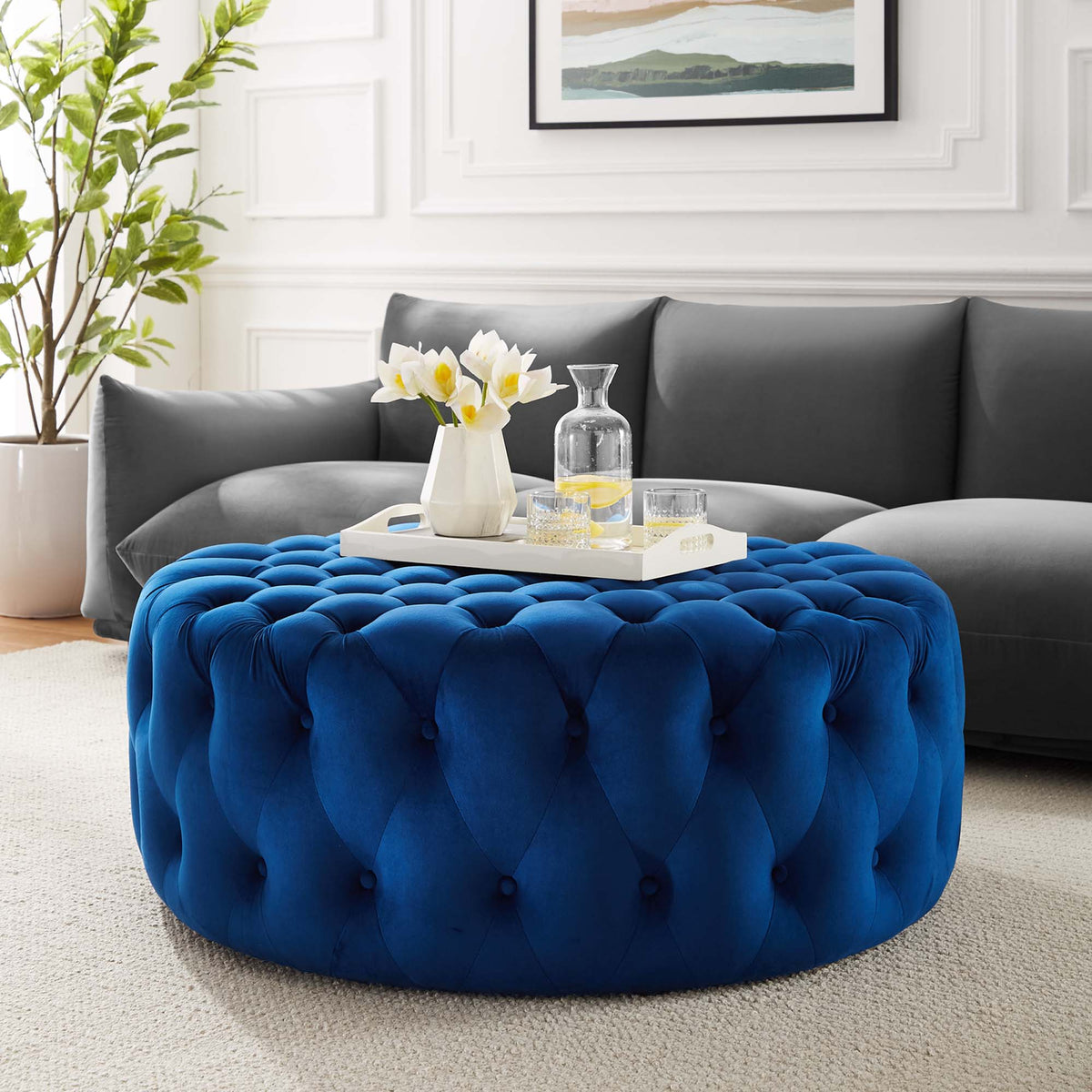 Amour Navy Tufted Button Large Round Performance Velvet Ottoman - Ornate Home