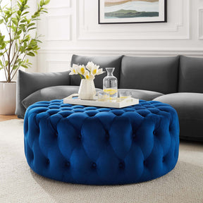 Amour Navy Tufted Button Large Round Performance Velvet Ottoman - Ornate Home