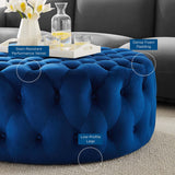 Amour Navy Tufted Button Large Round Performance Velvet Ottoman - Ornate Home