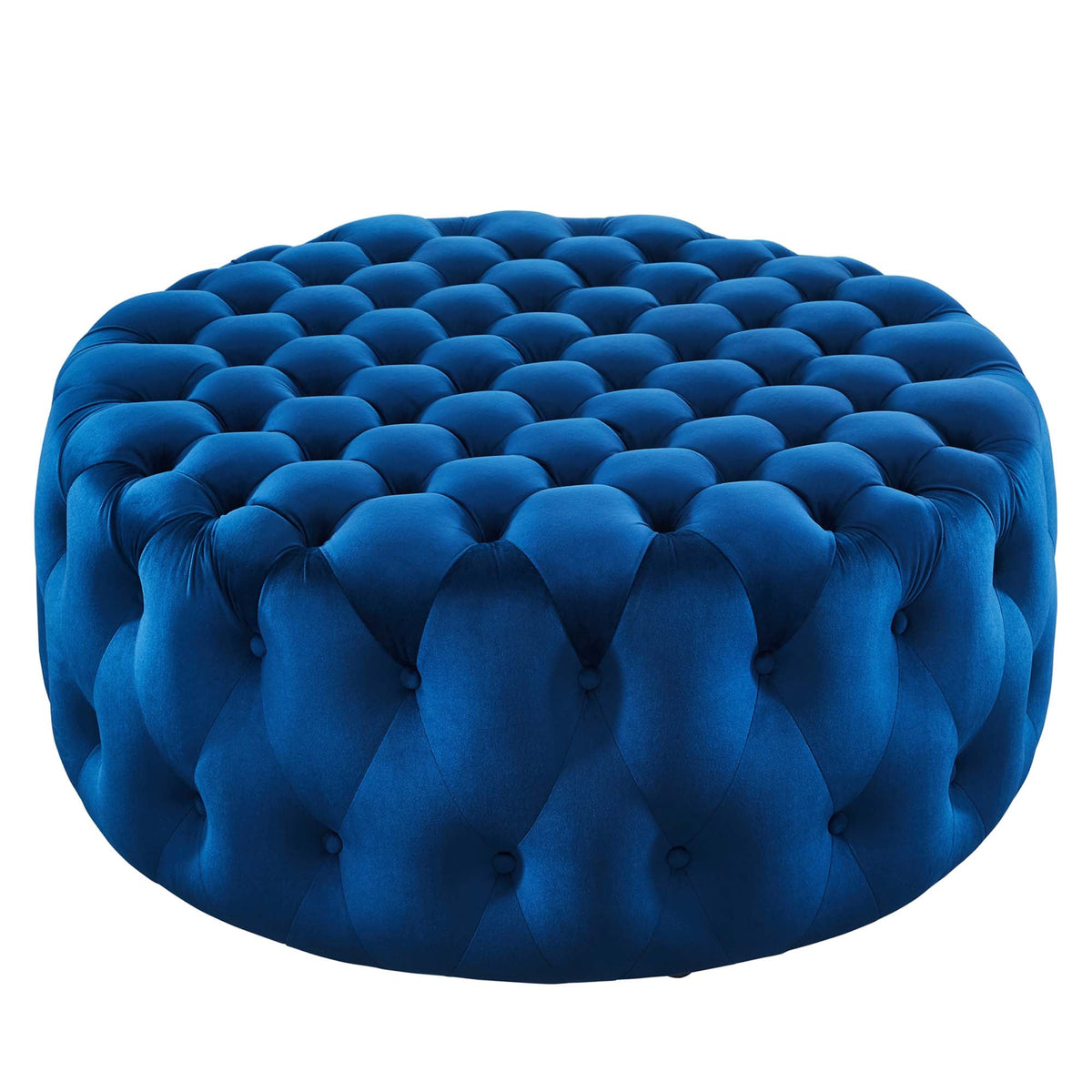 Amour Navy Tufted Button Large Round Performance Velvet Ottoman - Ornate Home