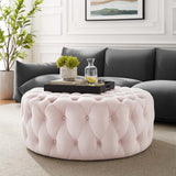 Amour Pink Tufted Button Large Round Performance Velvet Ottoman - Ornate Home