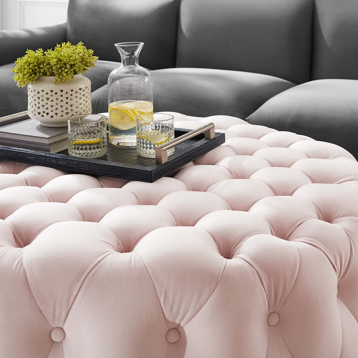 Amour Pink Tufted Button Large Round Performance Velvet Ottoman - Ornate Home