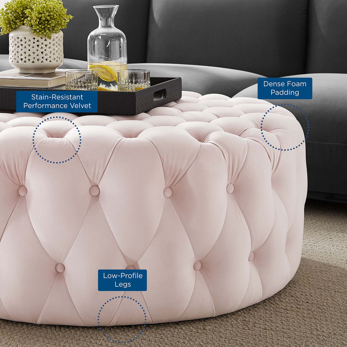 Amour Pink Tufted Button Large Round Performance Velvet Ottoman - Ornate Home