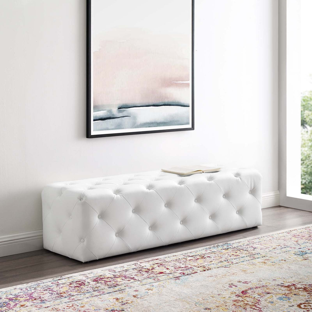 Amour White 60" Tufted Button Entryway Faux Leather Bench - Ornate Home