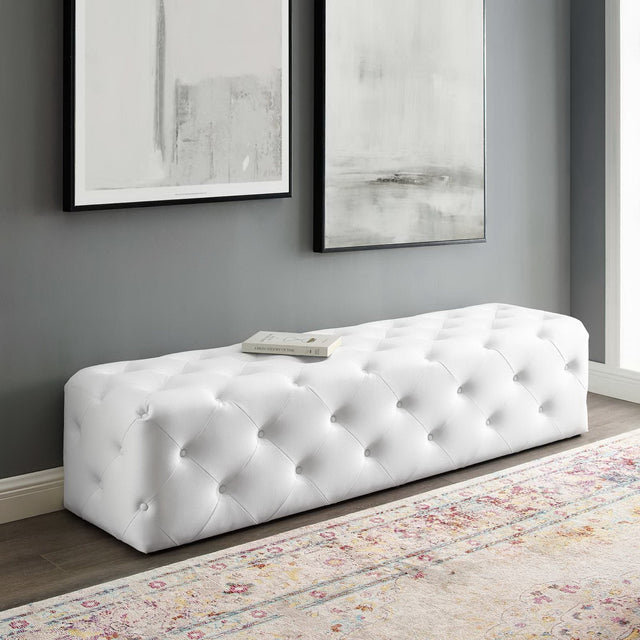 Amour White 72" Tufted Button Entryway Faux Leather Bench - Ornate Home