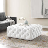 Amour White Tufted Button Large Square Faux Leather Ottoman - Ornate Home