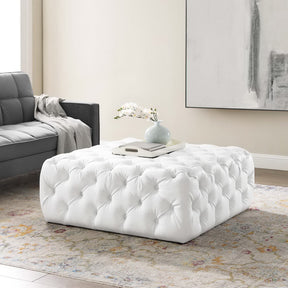 Amour White Tufted Button Large Square Faux Leather Ottoman - Ornate Home