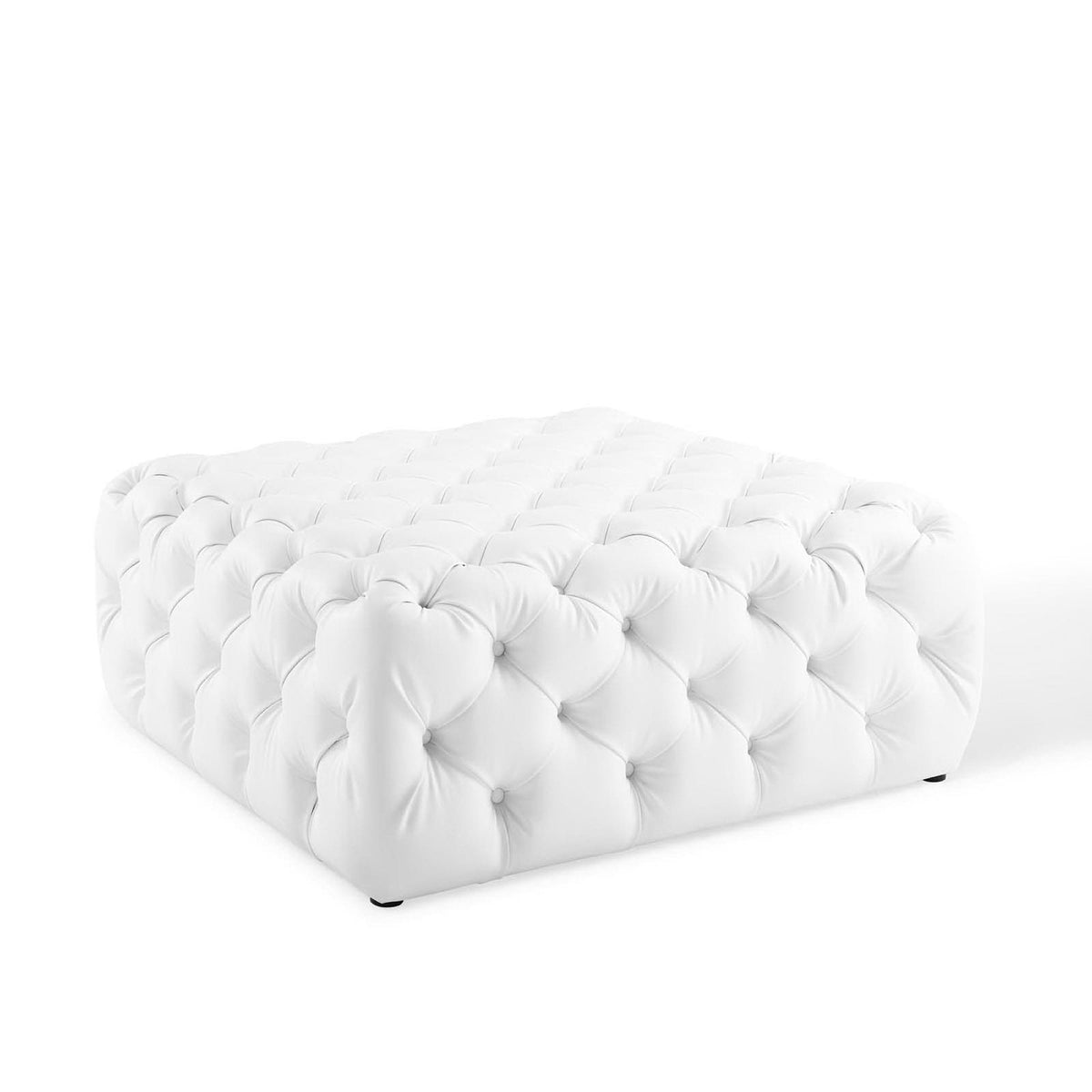 Amour White Tufted Button Large Square Faux Leather Ottoman - Ornate Home