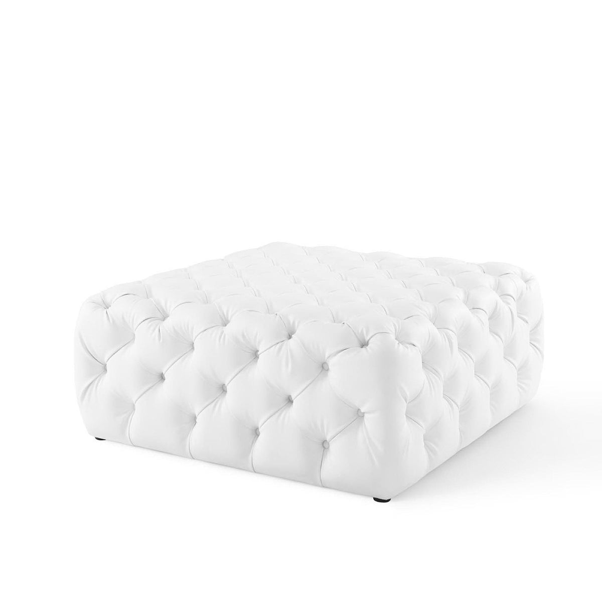 Amour White Tufted Button Large Square Faux Leather Ottoman - Ornate Home