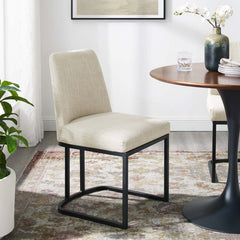 Amplify Black/Beige Sled Base Upholstered Fabric Dining Side Chair - Ornate Home