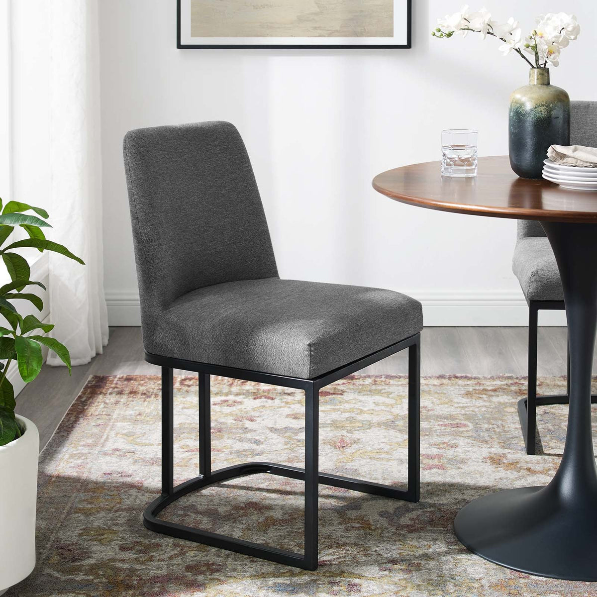 Amplify Black/Charcoal Sled Base Upholstered Fabric Dining Side Chair - Ornate Home