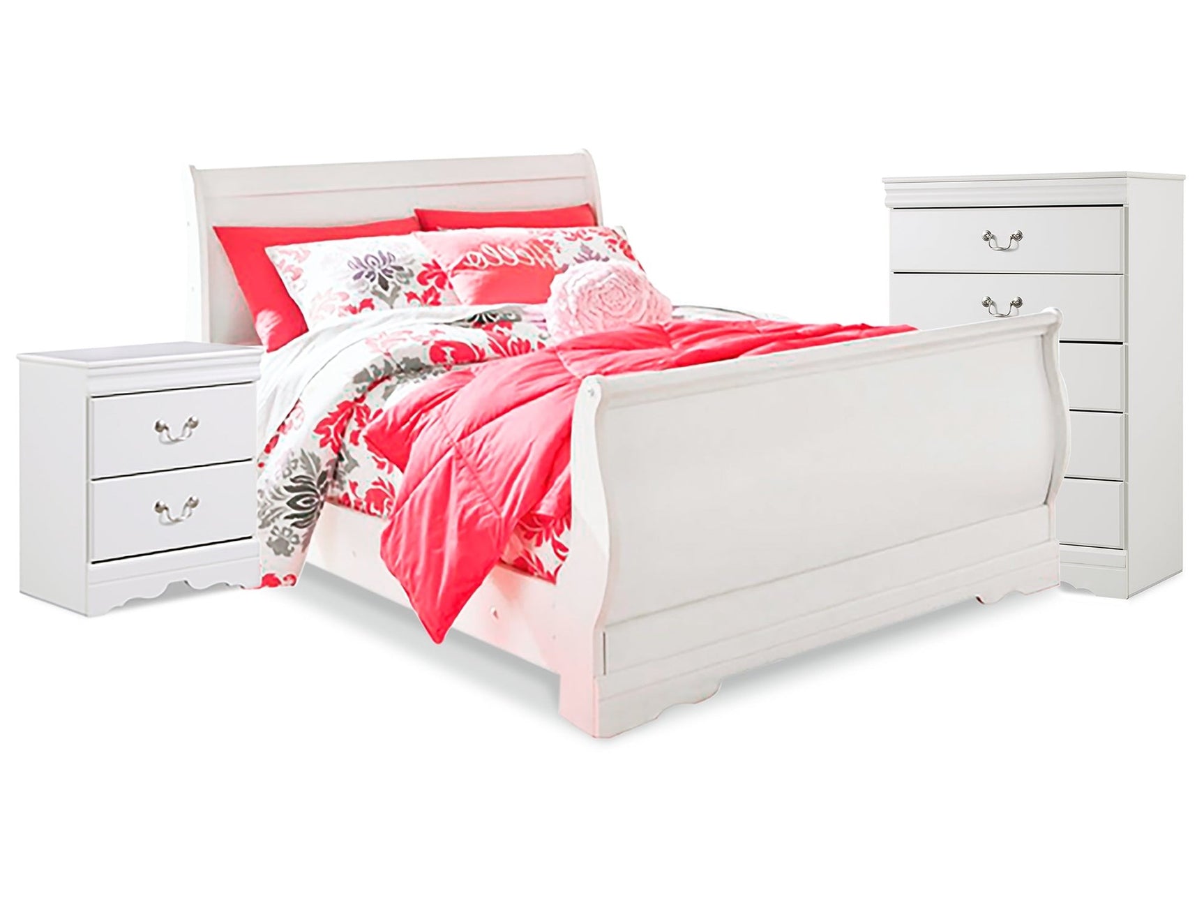 Anarasia White Full Sleigh Bedroom Set with Chest and Nightstand - Ornate Home