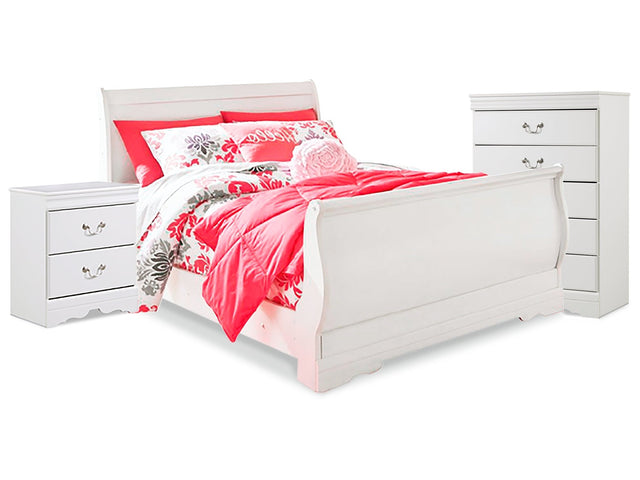 Anarasia White Full Sleigh Bedroom Set with Chest and Nightstand - Ornate Home