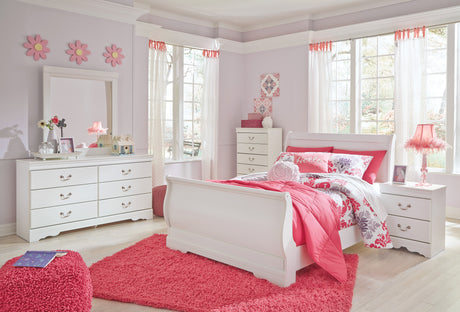Anarasia White Full Sleigh Youth Bedroom Set with Dresser, Mirror, Chest and 2 Nightstands - Ornate Home