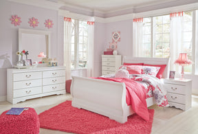 Anarasia White Full Sleigh Youth Bedroom Set with Dresser, Mirror, Chest and 2 Nightstands - Ornate Home