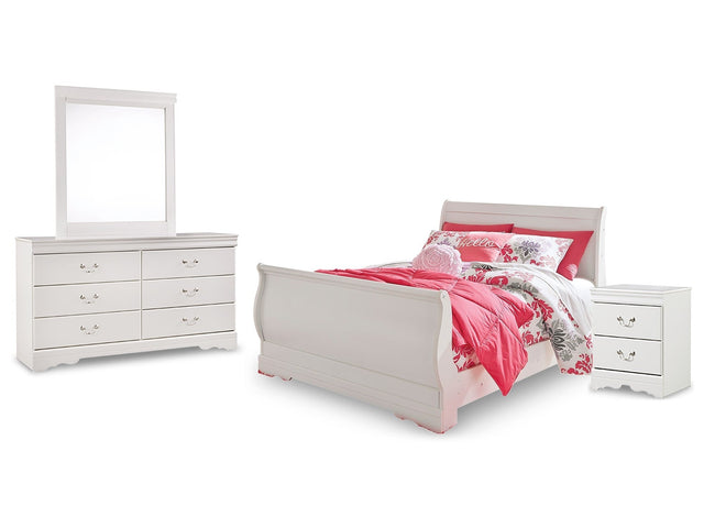 Anarasia White Full Sleigh Youth Bedroom Set with Dresser, Mirror and Nightstand - Ornate Home