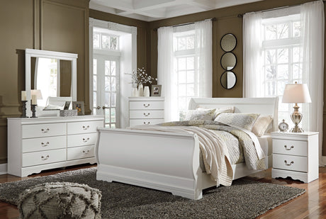 Anarasia White Queen Sleigh Bedroom Set with Dresser, Mirror, Chest and Nightstand - Ornate Home