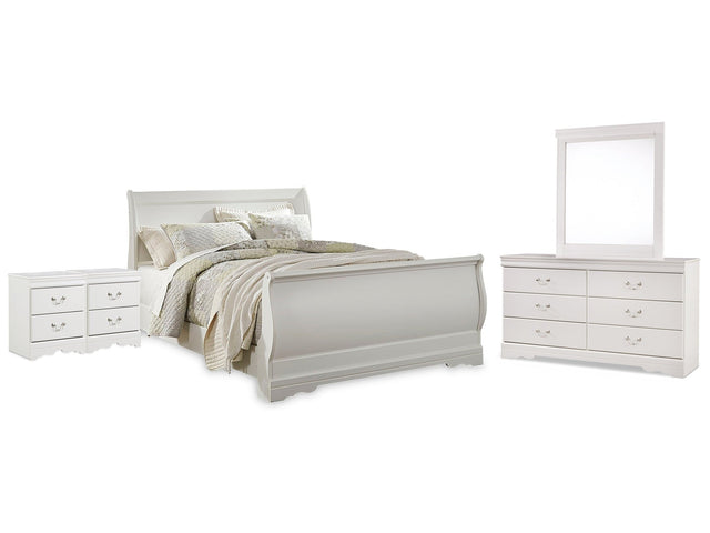 Anarasia White Queen Sleigh Bedroom Set with Dresser, Mirror and 2 Nightstands (Online Special Price) - Ornate Home