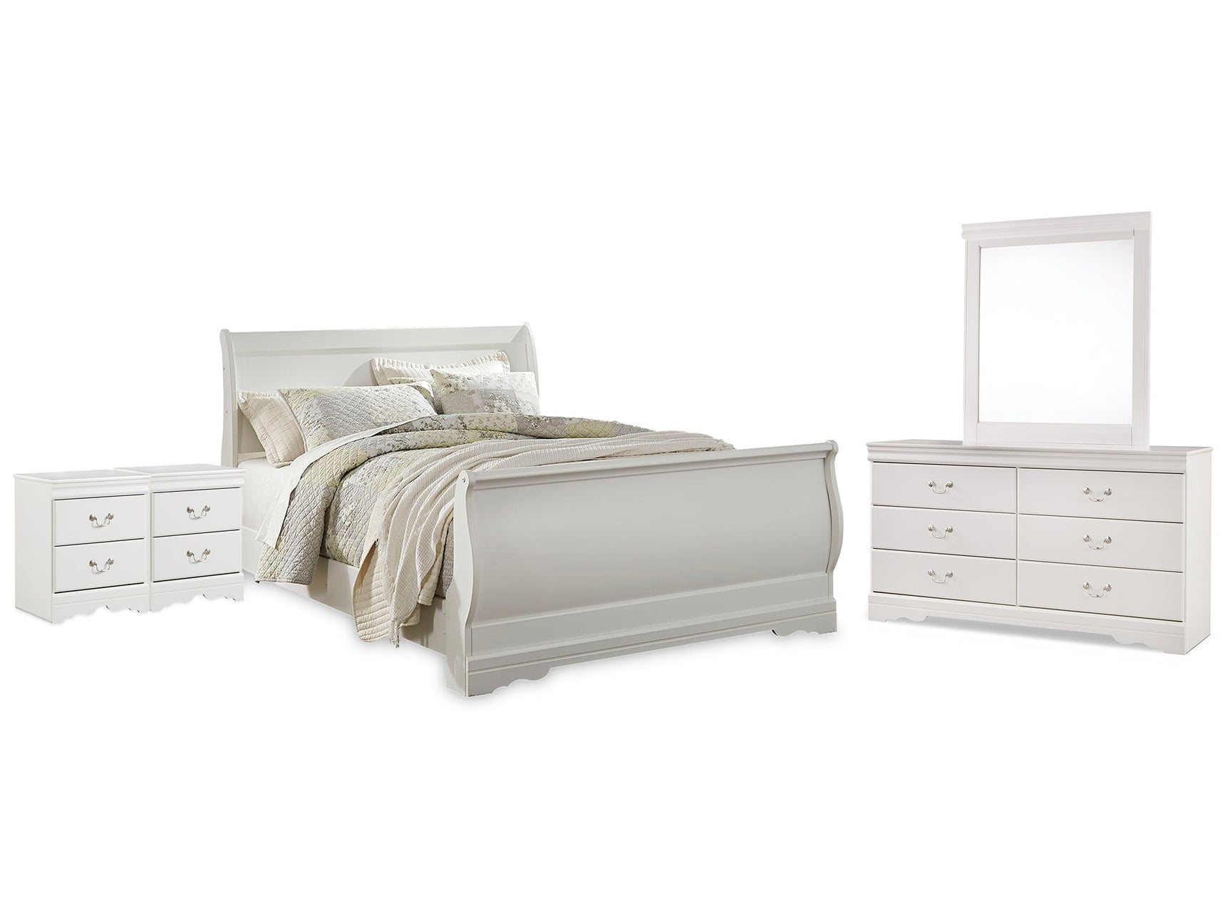 Anarasia White Queen Sleigh Bedroom Set with Dresser, Mirror and 2 Nightstands - Ornate Home