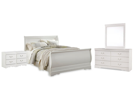 Anarasia White Queen Sleigh Bedroom Set with Dresser, Mirror and 2 Nightstands - Ornate Home