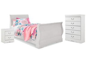 Anarasia White Twin Sleigh Bed, Chest and Nightstand - Ornate Home