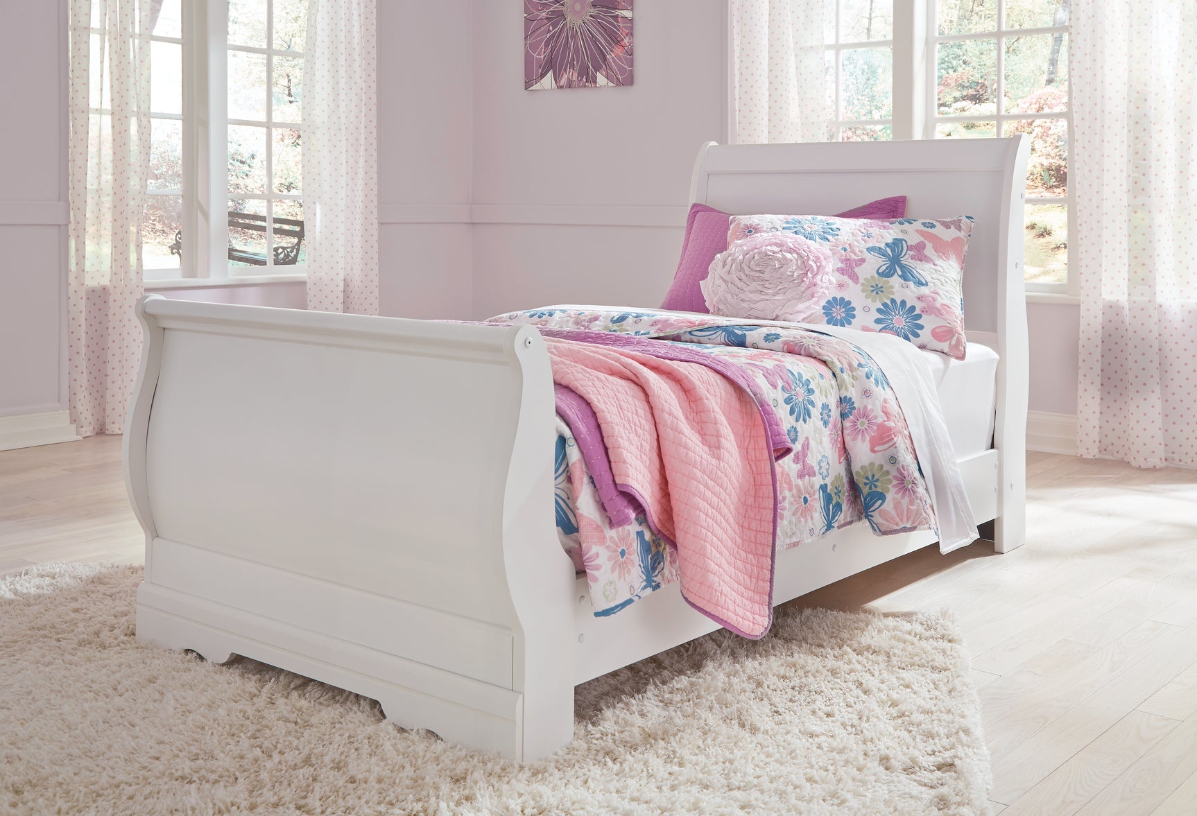 Anarasia White Twin Sleigh Bed & Dresser & Mirror & Chest - Ornate Home
