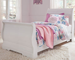 Anarasia White Twin Sleigh Bedroom Set with Dresser, Mirror, Chest and Nightstand - Ornate Home