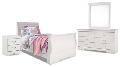 Anarasia White Twin Sleigh Bedroom Set with Dresser, Mirror and Nightstand (Online Special Price) - Ornate Home