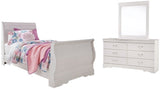 Anarasia White Twin Sleigh Bedroom Set with Dresser and Mirror - Ornate Home