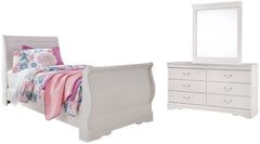 Anarasia White Twin Sleigh Bedroom Set with Dresser and Mirror - Ornate Home