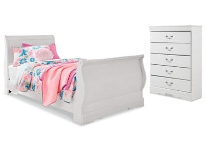 Anarasia White Twin Sleigh Youth Bedroom Set w/Chest - Ornate Home