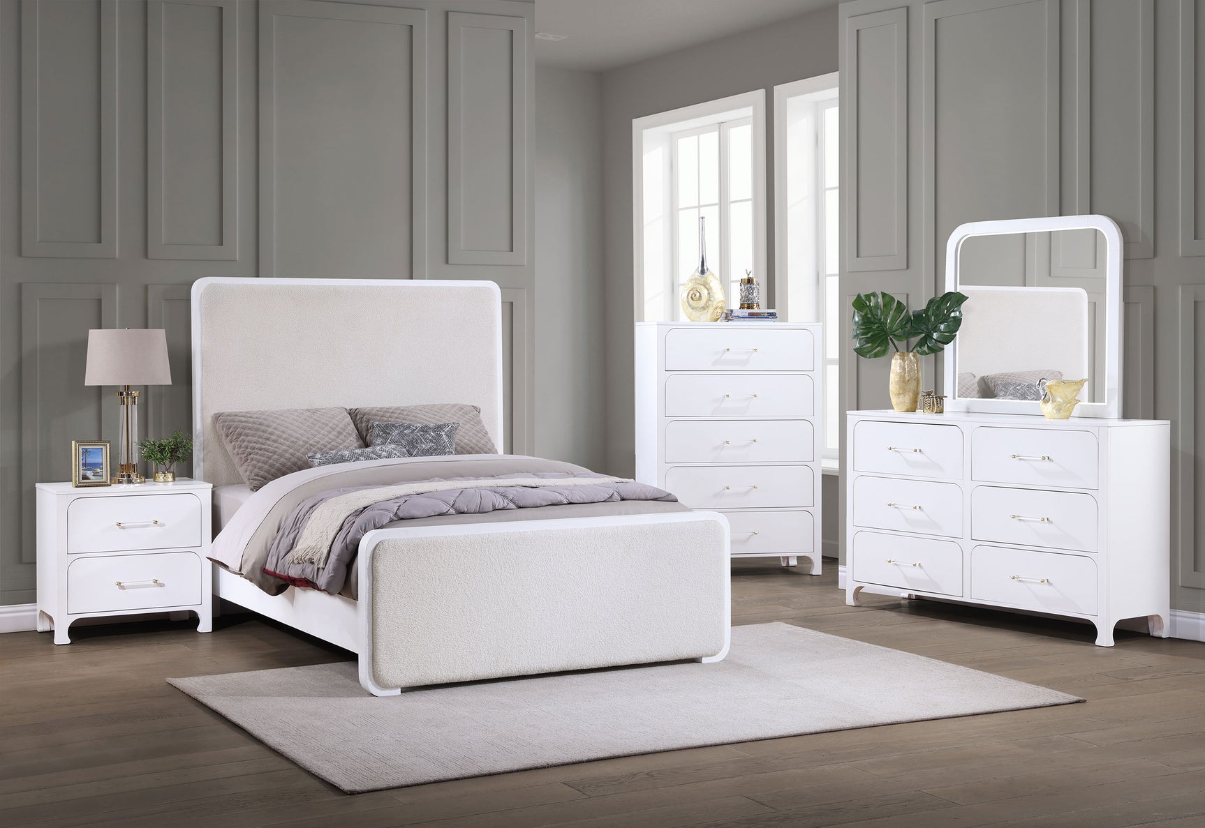 Anastasia Pearl White Queen Upholstered Panel Bed - Ornate Home