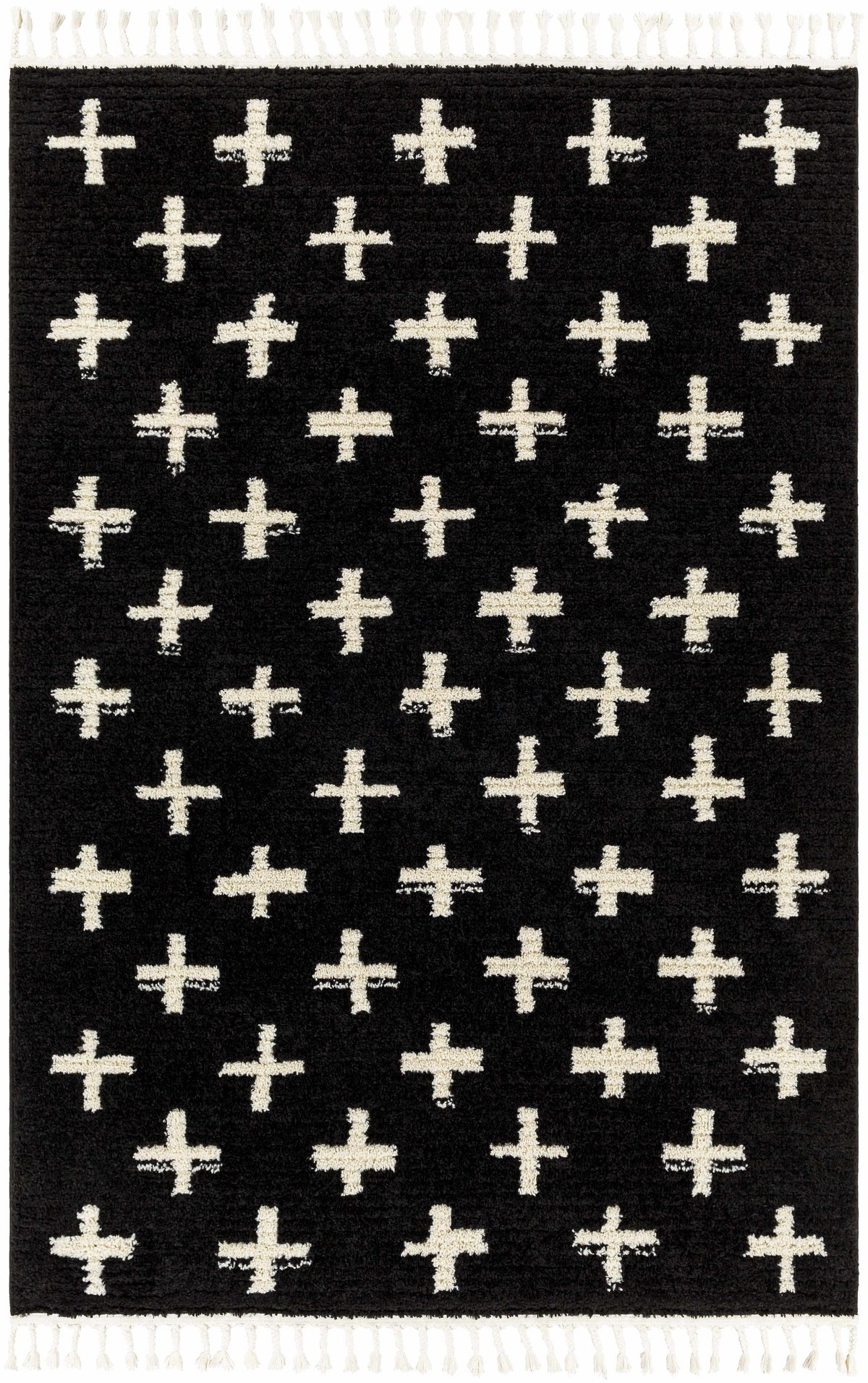 Anda White Cross on Black Plush Rug - Clearance - Ornate Home