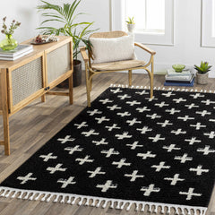 Anda White Cross on Black Plush Rug - Clearance - Ornate Home