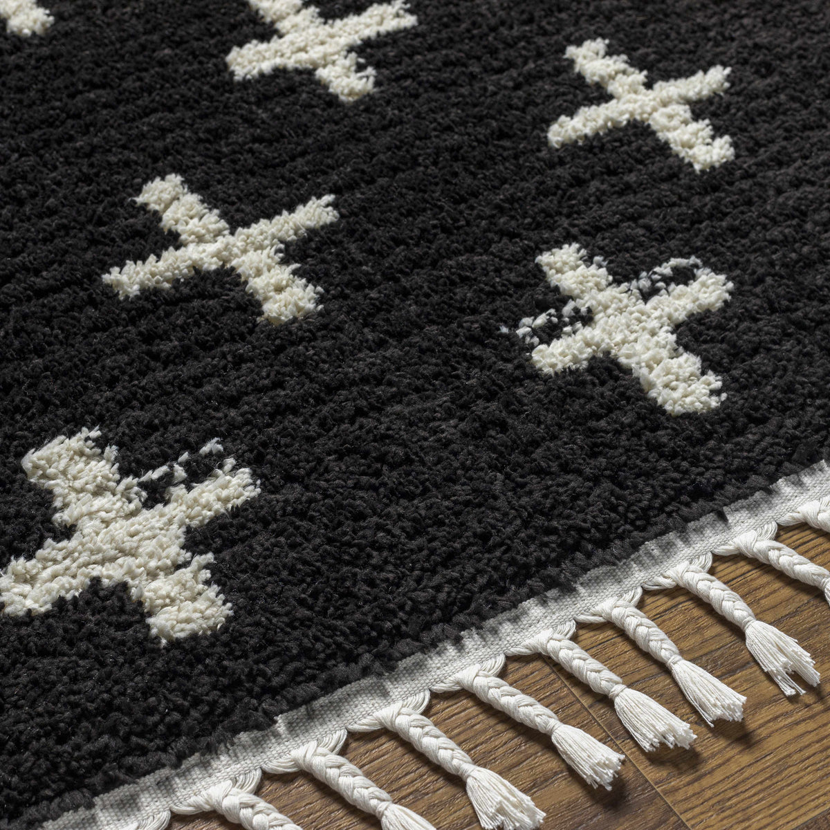 Anda White Cross on Black Plush Rug - Clearance - Ornate Home