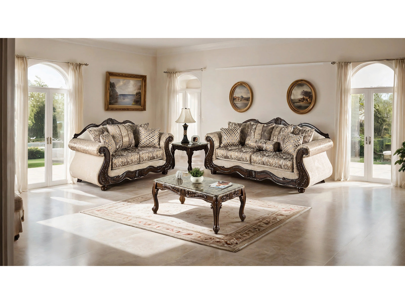 Andalusia Light Brown / Dark Cherry Upholstery Living Room Set - Ornate Home
