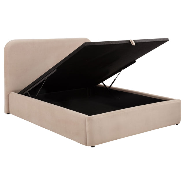 Anders Beige Upholstered Eastern King Storage Lift Platform Bed - Ornate Home