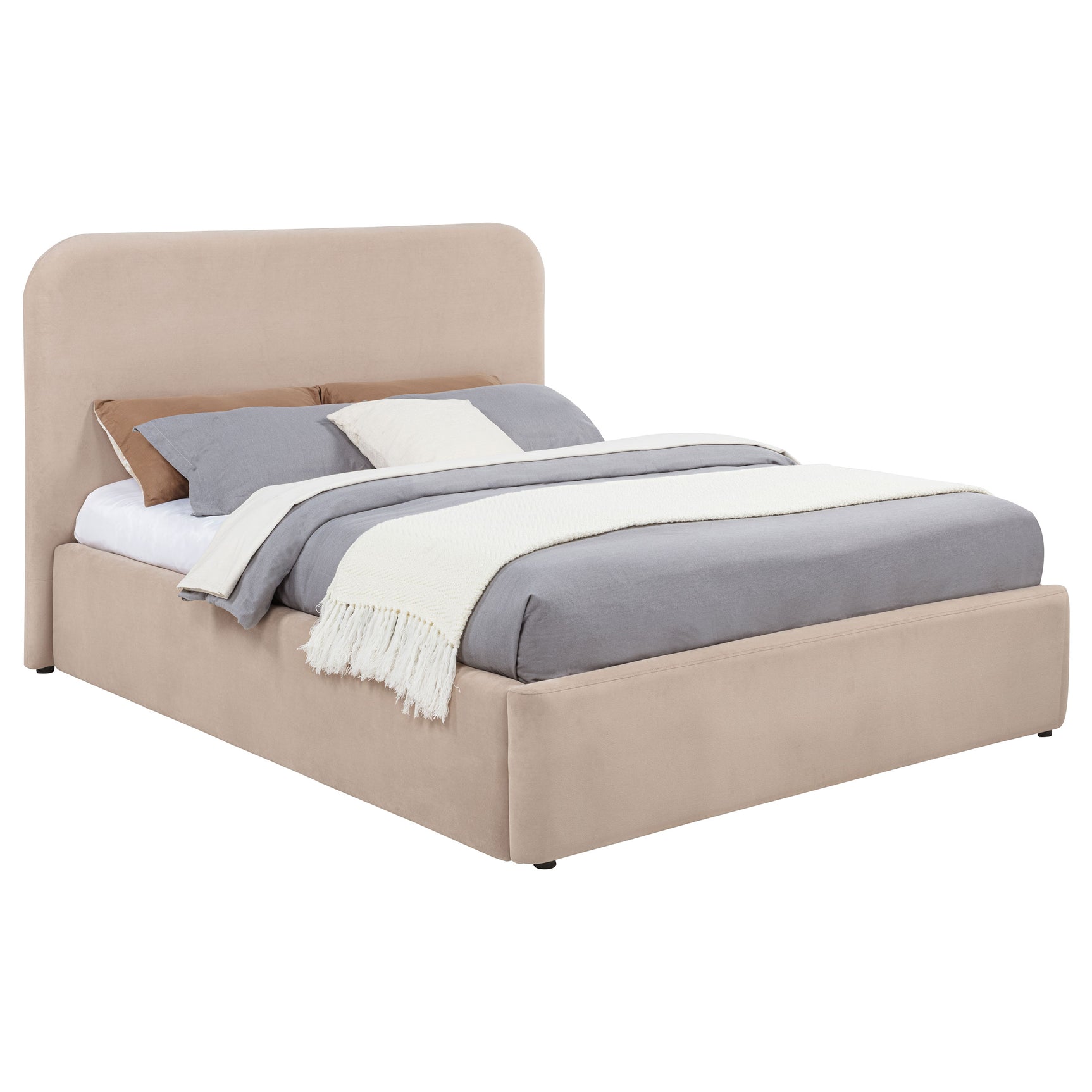 Anders Beige Upholstered Eastern King Storage Lift Platform Bed - Ornate Home