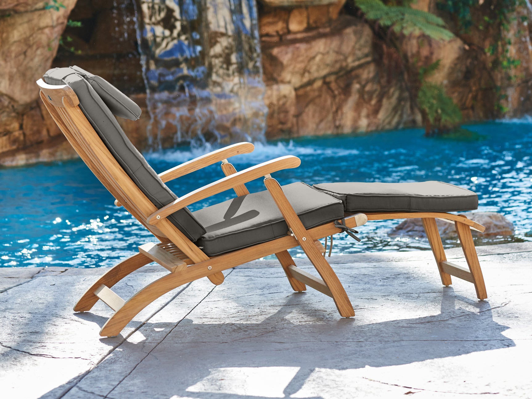 Anders Teak Charcoal Outdoor Folding Lounge Deck Chair with Sunbrella® Cushion - Ornate Home