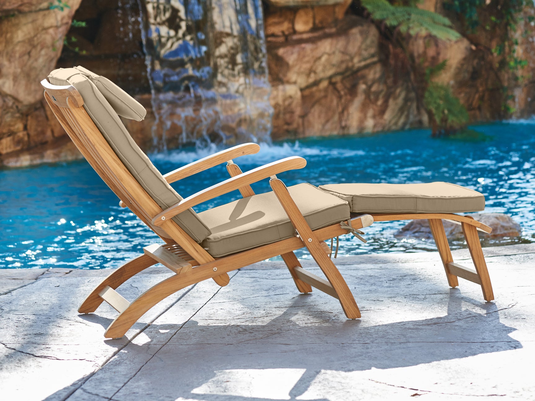 Anders Teak Fawn Outdoor Folding Lounge Deck Chair with Sunbrella® Cushion - Ornate Home