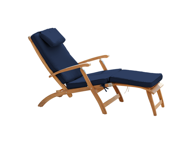 Anders Teak Navy Outdoor Folding Lounge Deck Chair with Sunbrella® Cushion - Ornate Home