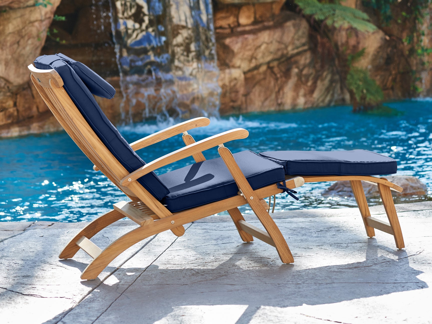 Anders Teak Navy Outdoor Folding Lounge Deck Chair with Sunbrella® Cushion - Ornate Home