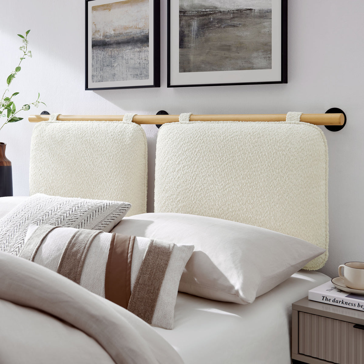 Anela Cream/Natural Wall-Mounted Chenille Upholstered Queen Headboard - Ornate Home