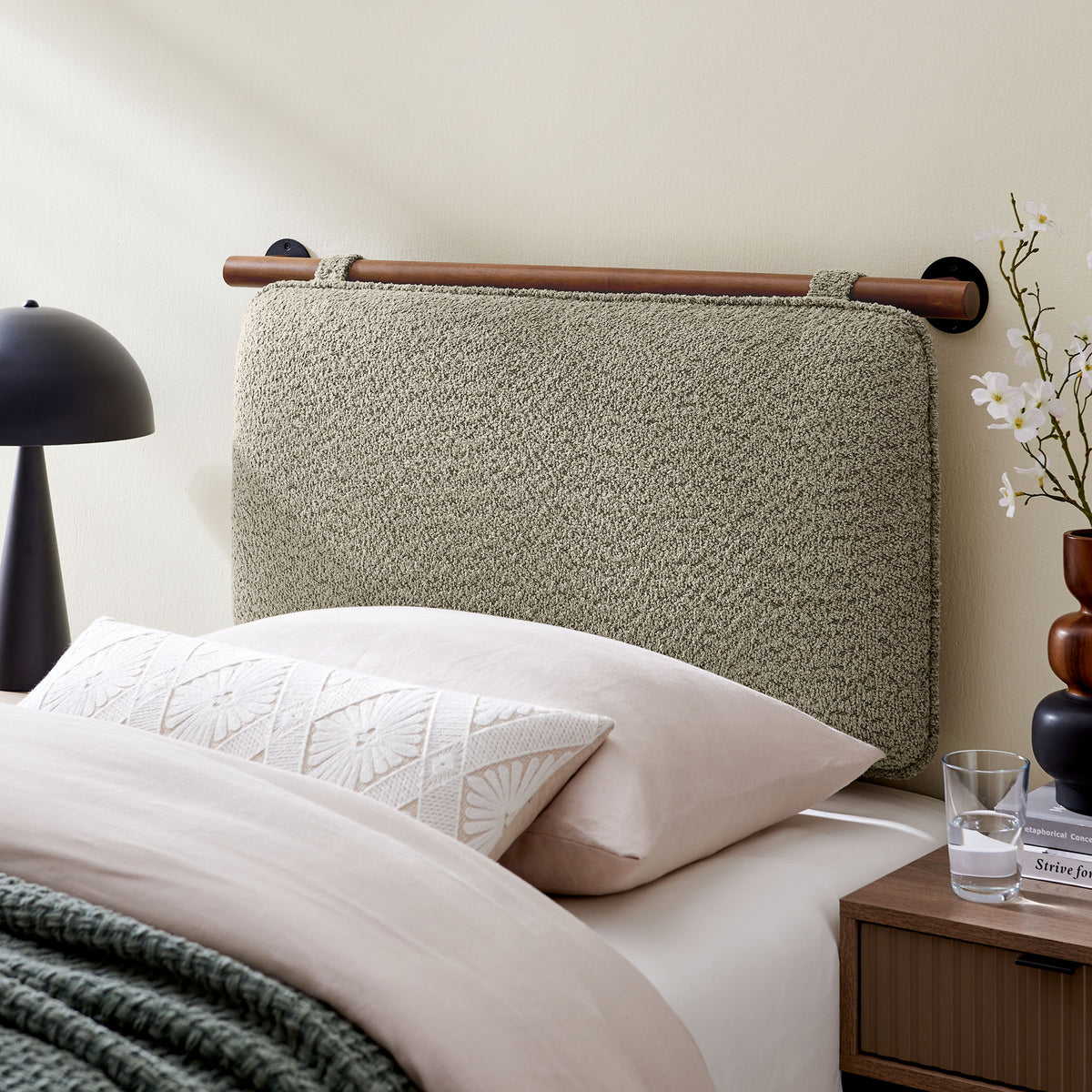 Anela Oat/Walnut Wall-Mounted Chenille Upholstered Twin Headboard - Ornate Home
