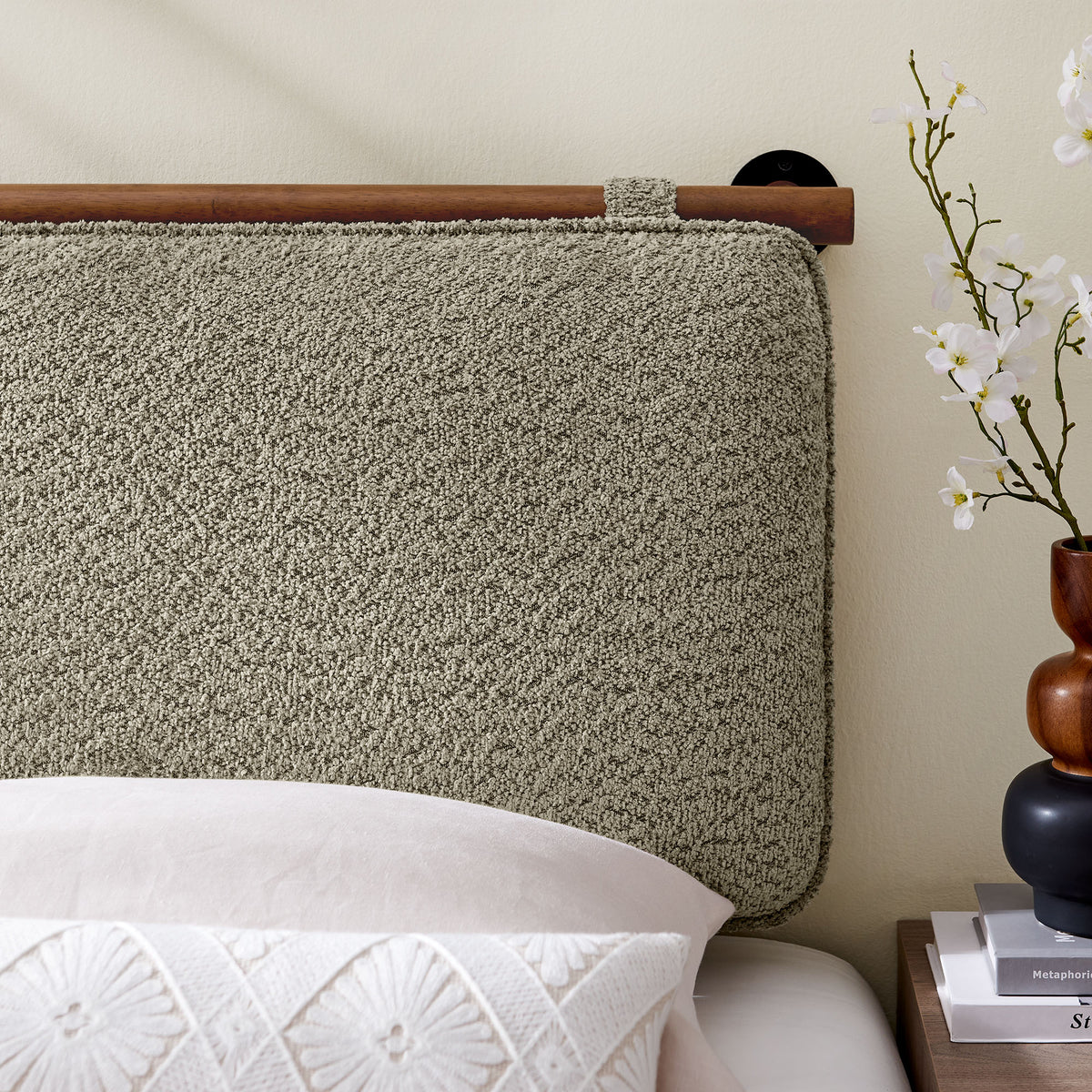 Anela Oat/Walnut Wall-Mounted Chenille Upholstered Twin Headboard - Ornate Home