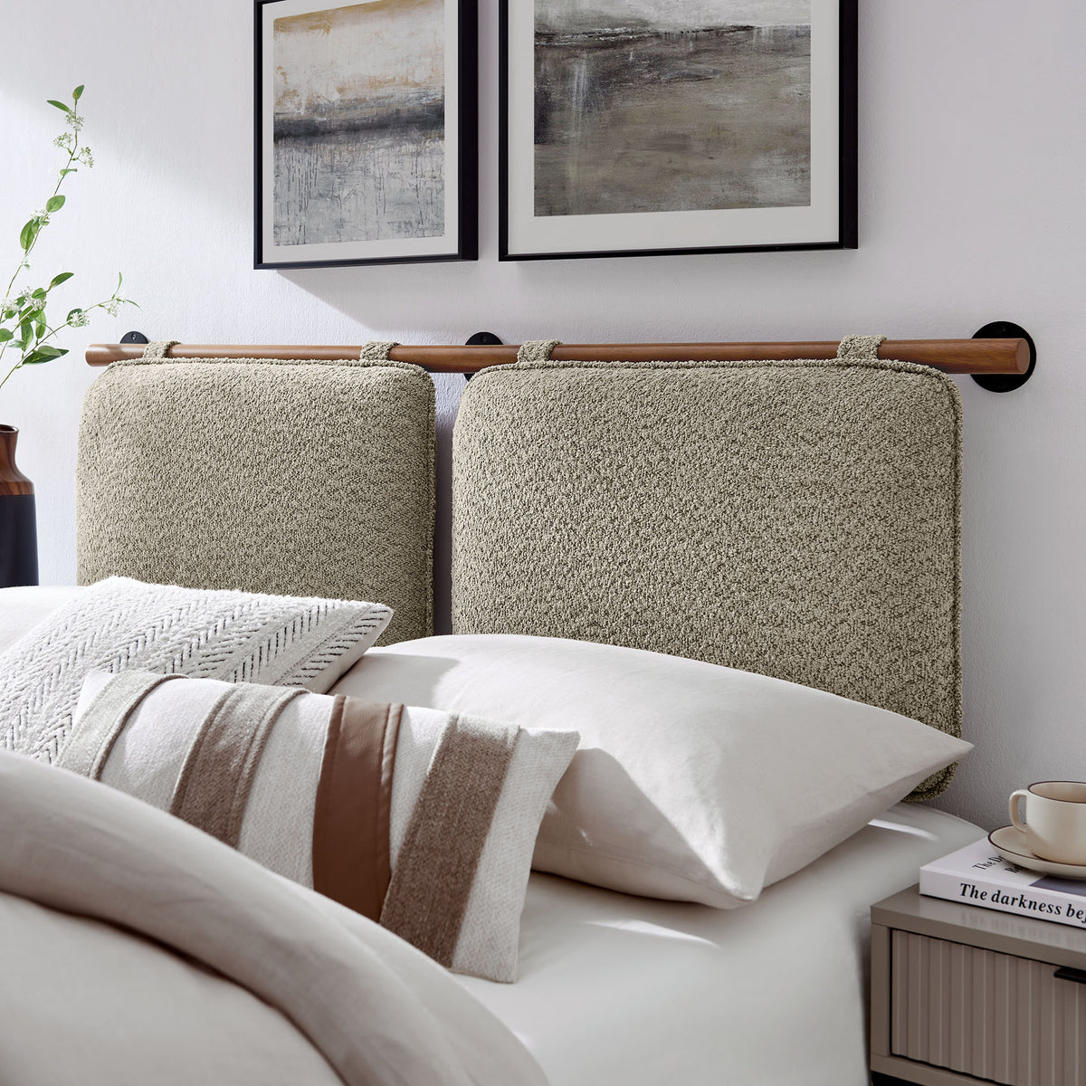 Anela Oatmeal/Walnut Wall-Mounted Chenille Upholstered Full Headboard - Ornate Home