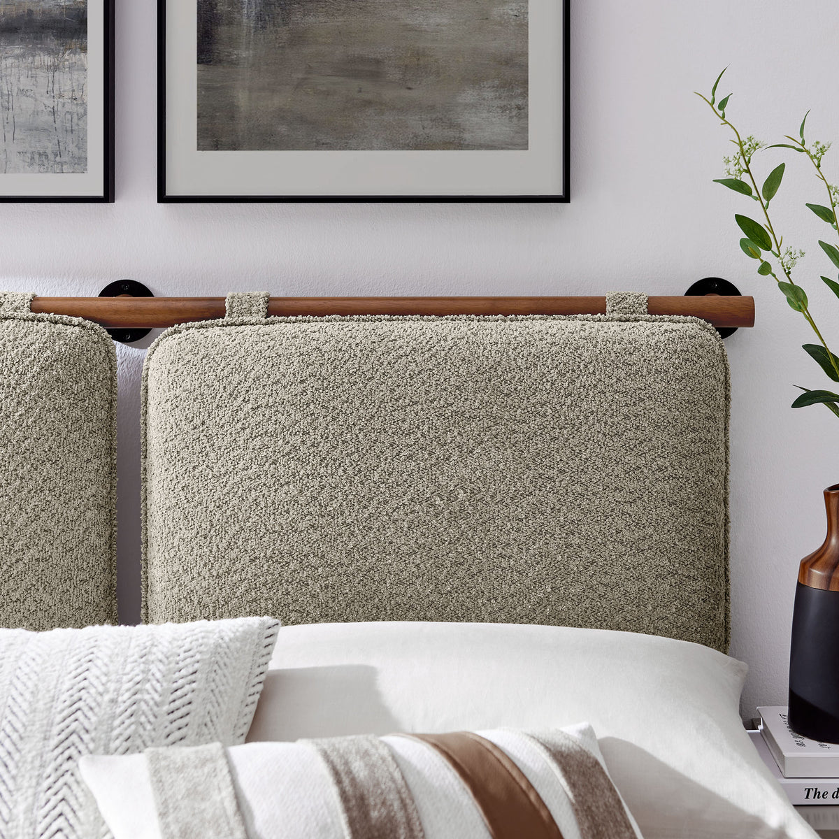 Anela Oatmeal/Walnut Wall-Mounted Chenille Upholstered Full Headboard - Ornate Home